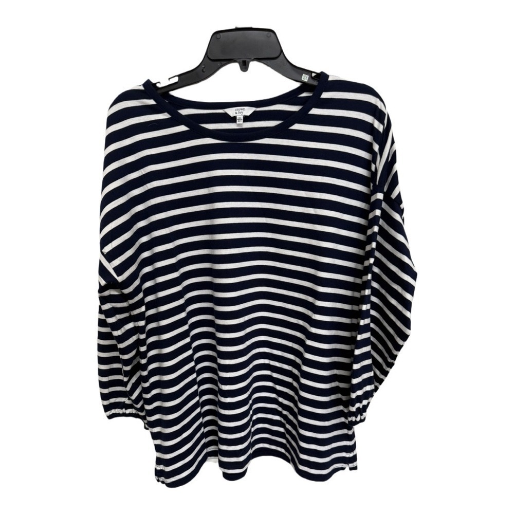 Crown & Ivy Navy White Nautical Basic Long Sleeve Tee Size XL 100% Cotton